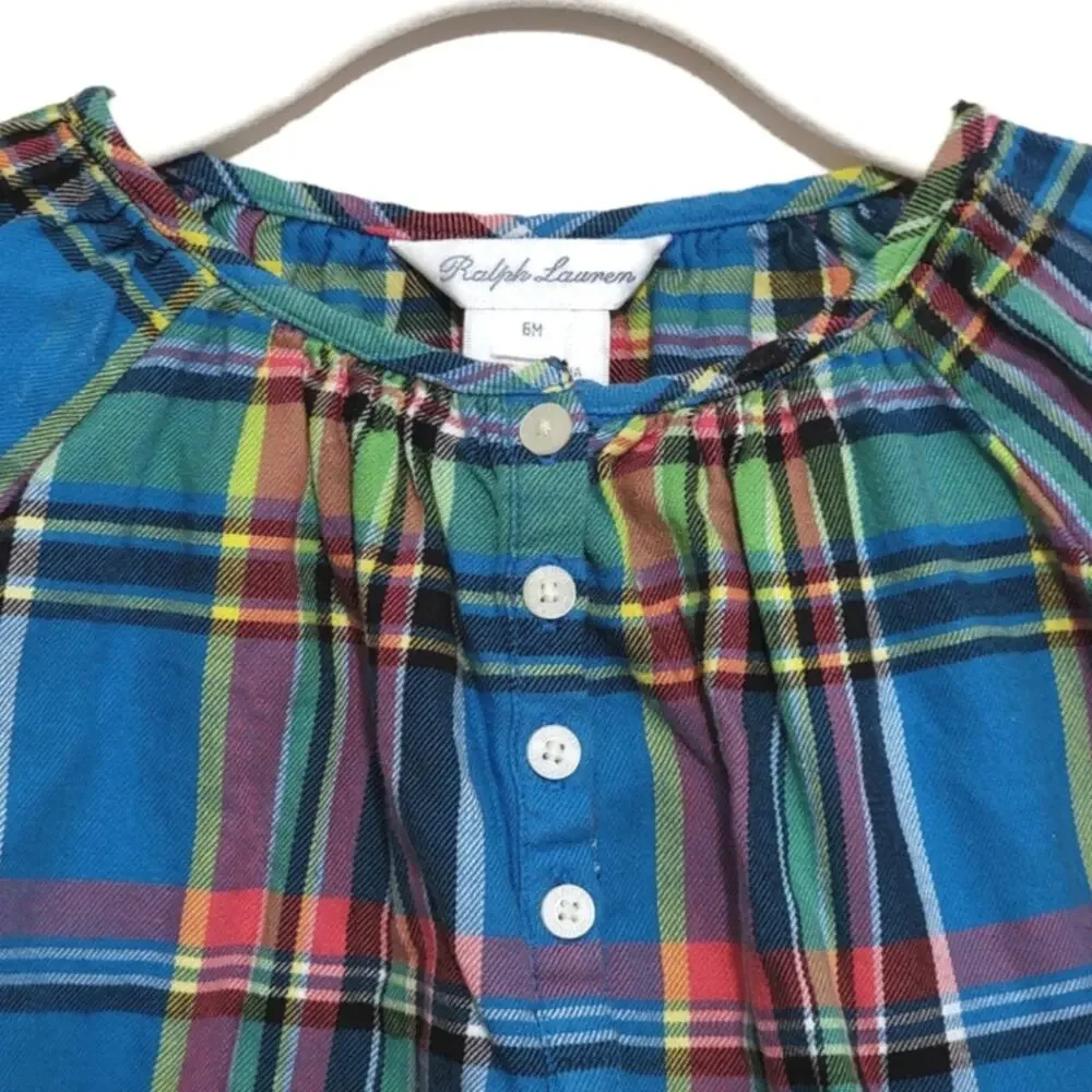 Ralph Lauren Baby Girl Madres Plaid Smock Blue and Green Top Size 6 Months